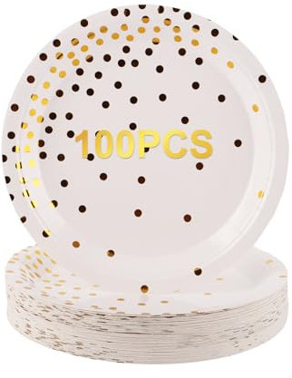 Oungy 100 PCS White and Gold Paper Plates, 9 Inch White Party Plates with Gold Dots, Round Paper Plates Paper Party Plates for Birthday, Anniversary, Picnic, Wedding Decorations