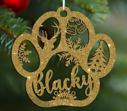 Personalisierte Weihnachtskugel mit Namen Hund, Katze, Tier oder Wunschtext Ø 10cm Weihnachtskugeln Individuelle Weihnachtsdeko (Pfote, Glitzerplexiglas)
