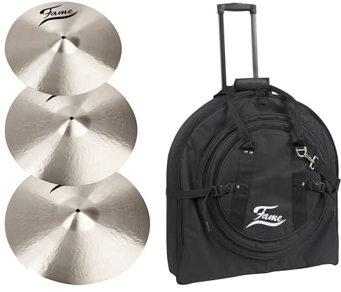 Fame B20 Crash Pack, 14 16 18 Cymbal Set, Traditional Finish, with Bag & Practice Pad, B20 Bronze, Handhammered, Medium Thickness