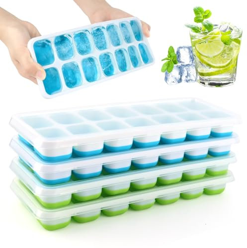 4 Pack Bacs à Glaçons Carrés En Silicone avec Couvercle, Faciles à Retirer, Moule à Glaçons en Silicone, Empilable, Reutilisable, pour Nourriture Bébé, Whisky, Boissons (Bleu, Vert)