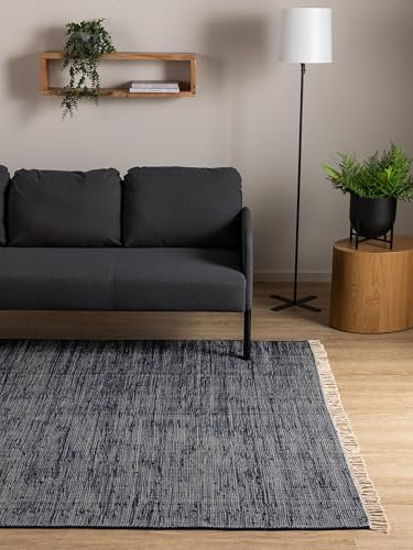 Interiyou Toledo Teppich aus Baumwolle - 200x300 cm Dunkelblau - Handgewebter Teppich mit Fransen für Wohnzimmer, Schlafzimmer, Kinderzimmer, Esszimmer, Küche oder Flur