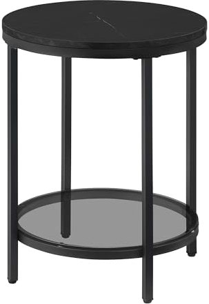 VASAGLE Beistelltisch, Nachttisch mit 2 Ebenen, Holzspanplatte, Hartglas, für Wohnzimmer, Arbeitszimmer, kleine Räume, modern, marmorschwarz-tintenschwarz LET285B58
