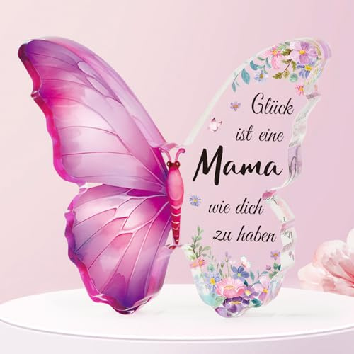 BETESSIN Muttertagsgeschenke für Mama von Tochter & Sohn - Glück ist eine Mama wie dich zu haben - Schmetterlinge Acrylplakette - Geschenke für Mama zum Geburtstag, Muttertag & Weihnachten