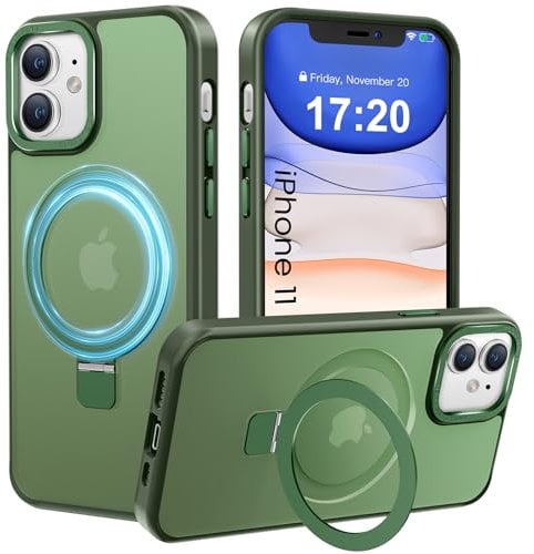 PuyaTeya Magnetic Stand for iPhone 11 Case, Compatible with Mag-Safe, Military Drop Protection, Anti-scratch/fingerprint Translucent Matte iPhone 11 Phone Case(Green)