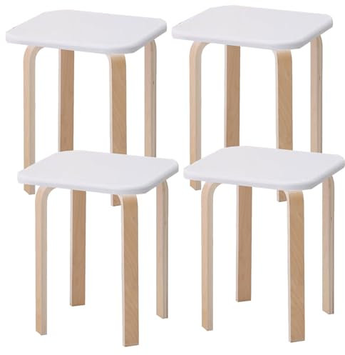 PRMTYUP Tragbare Stapelhocker Aus Holz Höhenverstellbare, Rückenfreie, Quadratische Hocker Stapelbare, Moderne Stühle Für Esszimmer, Küche, Klassenzimmer,Weiß,4PCS