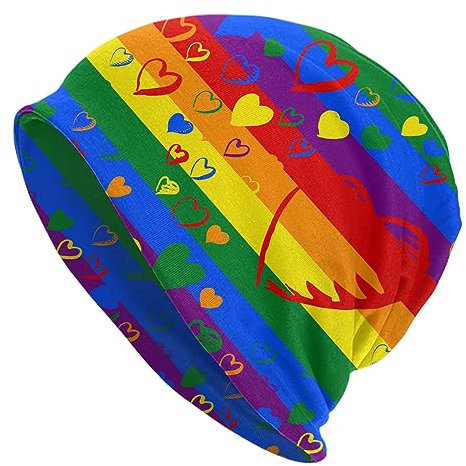 LGBT Beanie-Mütze für Herren und Damen, Regenbogenfarben mit Herzen, weich, leicht, Slouchy-Mütze, Stretch-Schädelmütze, warme Strickmütze, Lgbt Regenbogen mit Herzen, Einheitsgröße