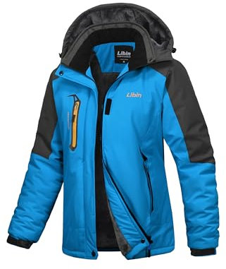 Libin Winterjacke Damen Warm Gefüttert Skijacke Outdoorjacke Damen Wasserdicht Atmungsaktiv Wanderjacke Übergangsjacke Reitjacke mit Abnehmbarer Kapuze und Reißverschlusstaschen Blau, XL