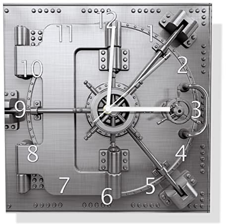 Wallario Design Wanduhr Tresortür mit Öffnungsmechanismus aus Aluverbund, Alu-Uhr Größe 30 x 30 cm, weiße Zeiger mit Metalloptik