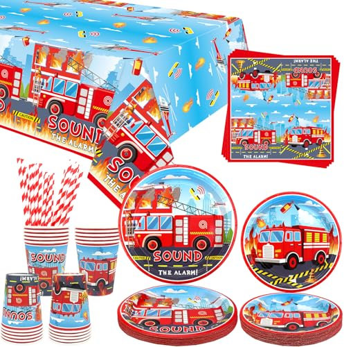 Vigili del fuoco accessori per feste, camion dei pompieri per feste, piatti cena, piatti da dessert, tazze, tovaglioli, cannucce per camion, tema, accessori per la doccia, servizio 20 (20)
