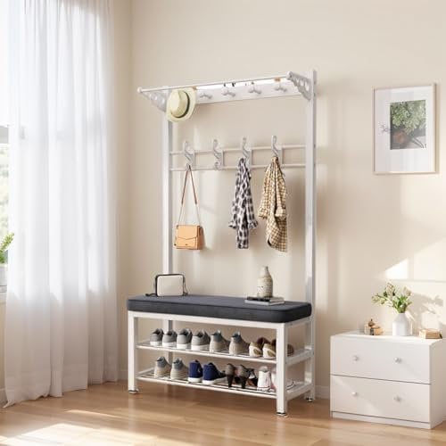 Emdmaltrix Garderobe mit sitzbank garderobe mit schuhschrank garderobe vintage Einfache Montage, Metallrahmen, verstellbare Füße 2 Ablagen und 9 Hake for Schlafzimmer Flur Wohnzimmer(Weiß,80cm)