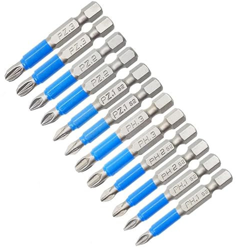 Nikou 12 Stück Magnetischer Kreuzschlitz Schraubendreher Bits, S2 Stahl Antirutsch Bit Satz Elektroschrauberbits PZ1, PZ2, PZ3, PH1, PH2, PH3 für Elektro Schraubendreher Bohrer