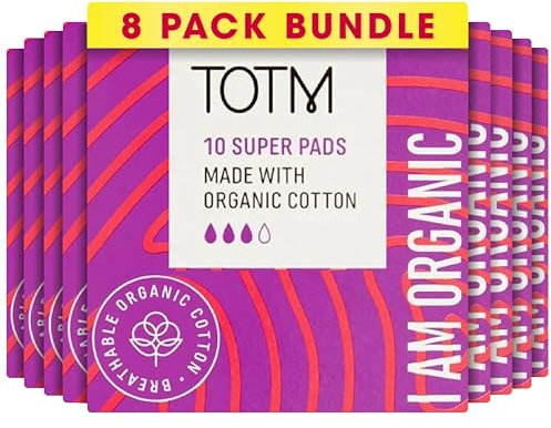 TOTM Organic Cotton Sanitary Pads with Triple-Layer Protection | Super Flow Pack of 80 Breathable Period Care with Secure Wings & Waterproof Backing Biodegradable Sanitary Towels for Day & Night