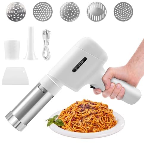 Handheld Electric Pasta Maker, Cordless Pasta Maker Machine, Portable Noodle Maker with Dough Cutter, 5 Pasta Moulds, Stainless Steel Automatic Noodle Press Machine, Spaghetti Machine, 20S Quick Press