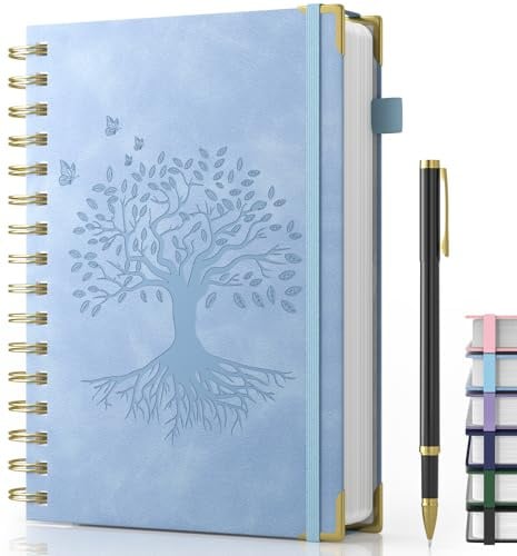Notizbuch A5, Hardcover Spiral-Notizbuch mit Stift, Lined Journal mit 100gsm 240 Seiten Tintenfestes Papie, Leder Hardcover Notizblock für Frauen Männer Arbeit Büro Schule, 14.5 x 21cm-Azurblau