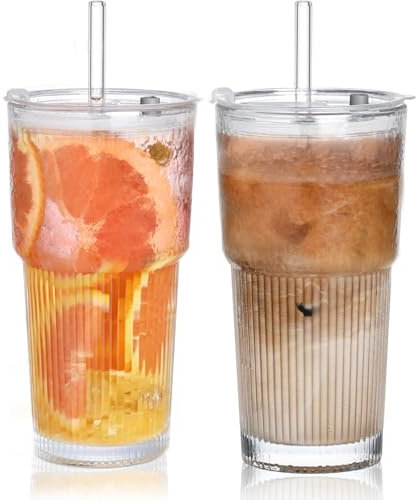 VITEVER Bicchieri grandi da 600 ml con coperchio e cannuccia, set da 2 tazze da tè Bubble Latte Macchiato, bicchieri in vetro, bicchieri per frullati, caffè freddo, matcha