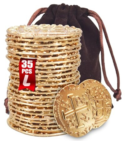 ZUCOS Piraten Münzen Zubehör,Goldmünzen-Set, Metall Goldtaler Deko Dublonen für DND Brettspiele, Cosplay, Realistische Mittelalter Geld-Imitation, Piratenschatz (35 PCS)