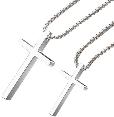 msymsyu Kreuz Kette Herren Geschenk für Paare und Eltern-Kind 2 Stück Silberfarben Kreuzkette 45cm und 60cm Kreuz Anhänger Edelstahl Halskette