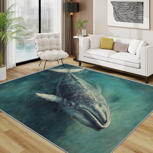 TerroVee Wal Teppich Waschbar, Unterwasser Meerestiere Teppich 80x150 cm, Nautisch Realistisch rutschfest Waschbar Pflegeleicht Teppiche Für Schlafzimmer Küche, Türkis
