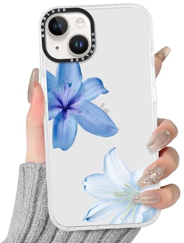 Yirlbey Transparent Handyhülle für iPhone 14/iPhone 13 Blumen Hülle, Herbst Aesthetic Muster Blaue Lilien Fall Design Mädchen Geschenk Schutzhülle, Silikon PC-Rückseite Case Cover für iPhone 13 6,1