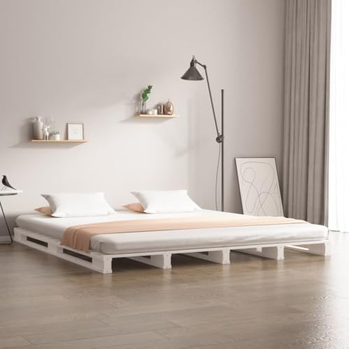 AJJHUUKI Letto Pallet senza materasso Bianco Matrimoniale Legno Massello-Furniture,Letti & Accessori,Letti & Telai letto