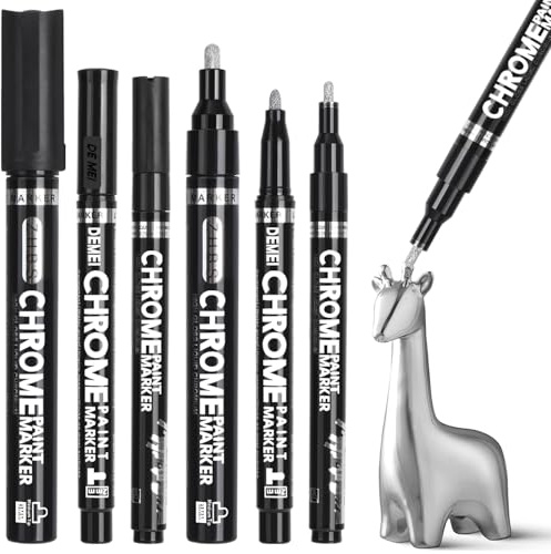 6 Stk Chrom Lack Marker, 0,7-1/2/3mm Lackstift Silber Metallic, Ölbasiertes Permanent Marker Set Chrom Marker, Metallic Wasserfest Spiegel Reflektierende Silberstift für Kunststoff Metall Glas Keramik