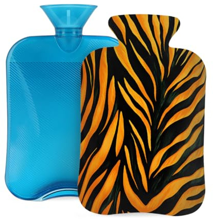 Myfsucce Wärmflasche mit Bezug, 2 l, mit orangefarbenem Zebra-Druck, wiederverwendbarer PVC-Wärmbeutel zur Schmerzlinderung, Krämpfe und Wärme, 31 x 20,3 cm