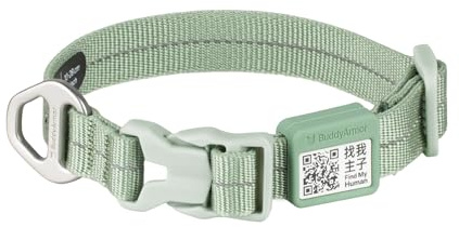 BuddyArmor Allwetter-Hundehalsband, reflektierendes Halsband Hund Verstellbar Nylon Hunde Halsband mit QR-Code Anti-Verlust für Kleine Mittlere Große Hunde (schlanke-Olivgrün, S)