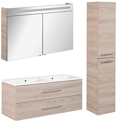 FACKELMANN Badmöbel Set B.Clever 3-TLG. 120-150 cm esche mit Waschtisch Unterschrank inkl. Doppel-Gussmarmorbecken & Hochschrank & LED Spiegelschrank