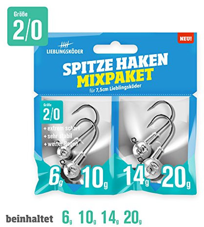 Lieblingsköder Spitze Haken Mix-Pakete (2/0) - 4 Jig-Köpfe - Ideal für Barschangeln und Zanderangeln im Kanal