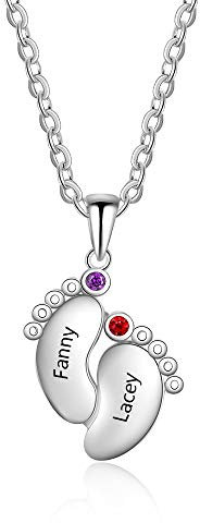 Grand Made Argento Personalizzato Baby Feet Nome Collana Compleanno Mamma Collana con 2 Pietre preziose Birthstone Collana Birthstone con Nome 2 Nome inciso Collana Gioielli Donna