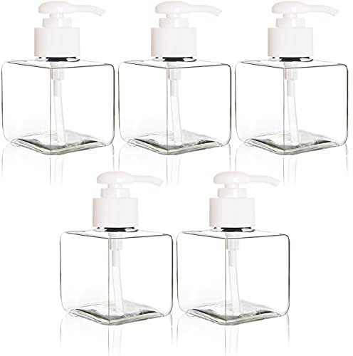 Youngever 5 Pack 250ML Clear Plastic Square Pump Bottles, Refillable Plastic Pump Bottles for Dispensing Lotions, Shampoos
