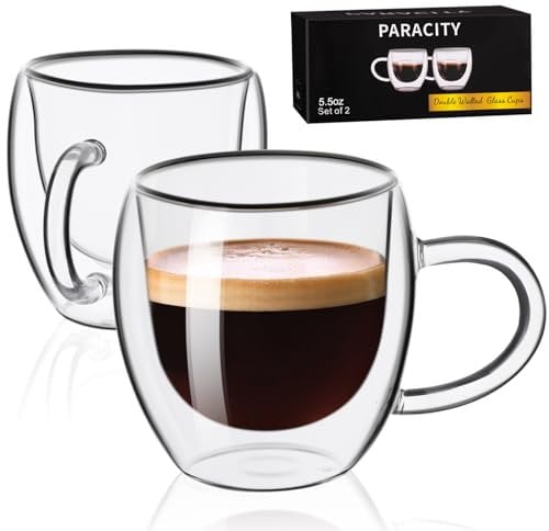 PARACITY Espresso Cups Set of 2 180ml 6OZ, Double Walled Insulated Glass Coffee Mugs, Latte Glasses with Handle, Clear Glass Coffee Cups Travel Camping for Cappuccino/Latte/Tea/Shots