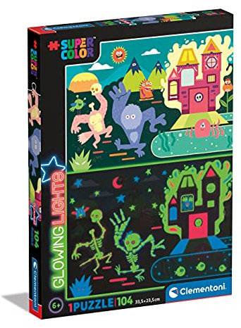 Clementoni - 27558 - Glowing Lights Collection - Monsters, puzzle glow in the dark - 104 Pieces - jigsaw puzzles for kids age 6 - Made in Italy, cartoon puzzles