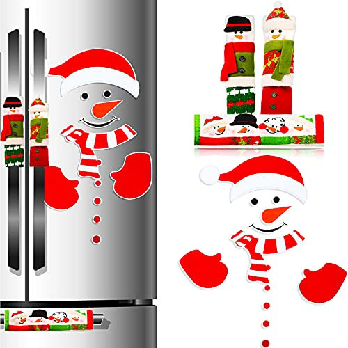4 Pieces Christmas Refrigerator Handle Covers and Snowman Refrigerator Magnets Snowman Fridge Door Handle Covers Christmas Magnet Stickers for Kitchen Refrigerator Microwave Oven Dishwasher Decor
