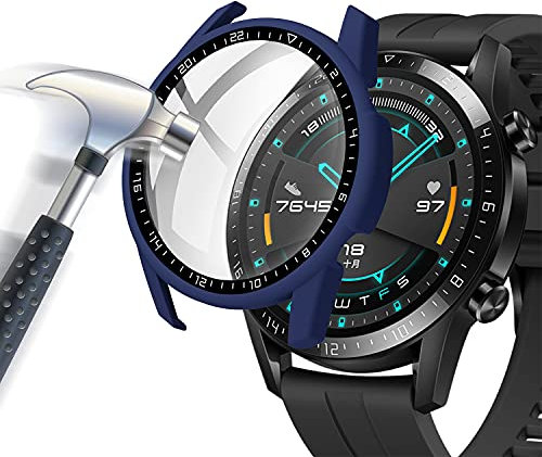 Acadeny Hülle Mit Gehärtetes Glas Displayschutz Kompatibles für Huawei Watch GT2 46mm , 9H Härte 360° Rundum Schutzhülle Ultradünne Schutz PC Case Cover GT 2 (46mm) Skala,Blau (GT2 46-case-blue)