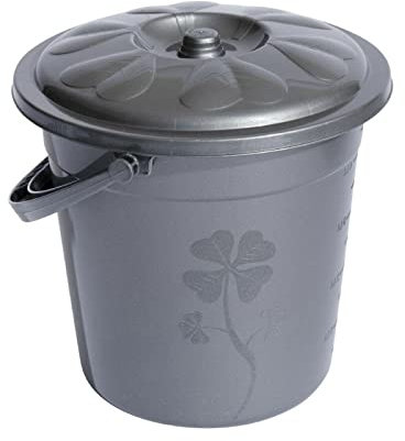 Plastic Bucket with Lid Handle Small Large Storage Bucket Bin Container Measures (10L, Grey)