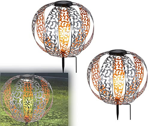 bmf-versand® Solarleuchten für Außen Garten Kugel - Solarlampen Balkon 2 Stück - Solarlampe Durchmesser 30 cm Silber Antik - Außenleuchte LED Erdspieß - Solarleuchte Gartenlampe Solar Wetterfest