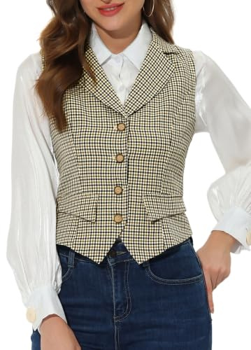 Allegra K Damen Plaid Weste gekerbter Reverskragen Einreiher Vintage Westen, braun, M