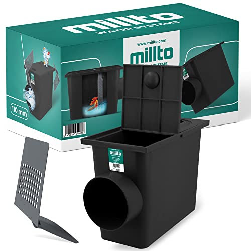 Millto™ Regensinkkasten mit Sieb 110mm Regenwasserablauf Dachrinnenablauf Hofablauf Entwässerung Abflusstrichter Gully Siphon Gechteckiger Kontrollschacht Rückstauverschluß Geruchsklappe