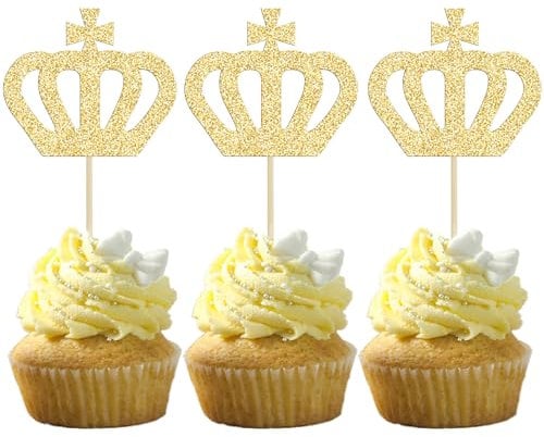 Gyufise 24Pcs Gold Crown Cupcake Toppers Glitter King Crown Cupcake Picks for king Prince Theme Baby Shower boys Wedding Birthday Party Cake Decorations Supplies
