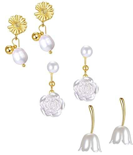 JewelryWe Schmuck 3 Paare Blumen Ohrringe Set Damen Elegant Kamelien Gänseblümchen Tulpe Süßwasser-Perlen Ohrstecker Baumeln Statement Ohrringe Ohrhänger, Gold Weiß