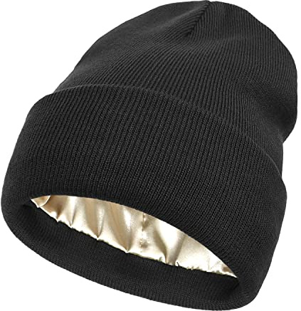 Mukeyo Damen Satin gefütterte Strickmütze Beanie Mütze Winter Warm Bündchen Strick Seidenfutter Weich Zopfkull Cap