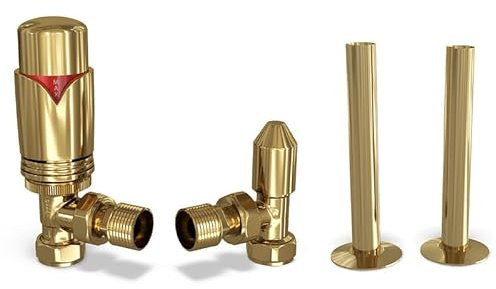 UK Radiators Polished Brass Thermostatic Radiator Valves and Angled Lockshield Valve - Polished Brass Finish - Classy and Modern Design 1/2 x 15mm Angled Radiator Valves with 130mm Pipe Covers