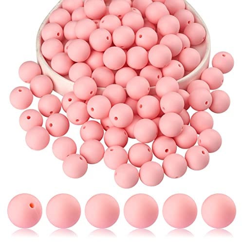 BEEFLYING 100 Pieces Silicone Beads Round Rubber Bead 15MM Loose Spacer Beads for DIY Supplies Jewelry Keychain Making (Light Pink)