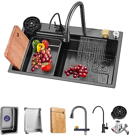 Évier de cuisine à comptoir en acier inoxydable 304 noir Évier de cuisine profond à une cuve avec cascade Robinet à tirer noir et planche à découper ＆ Accessoires d'évier complets (Noir, 80x45x22CM)