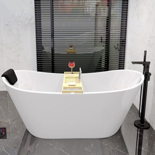 KOLMAN Freistehende Badewanne 170x80 cm Rossa, Weiß, Exclusive, Modern + Bambus Badewannenablage, Kompatibel mit Viega Ablauf Click-Clack