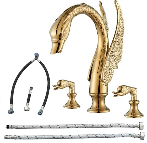 Vidugg Gold Swan Waschbeckenarmatur, 3 Löcher, breite Spreizung, Badezimmer-Wasserhahn, Doppelschwan-Griffe, Waschbeckenarmatur, Mischbatterie, Badezimmer, Waschtischarmaturen, modernes Waschbecken