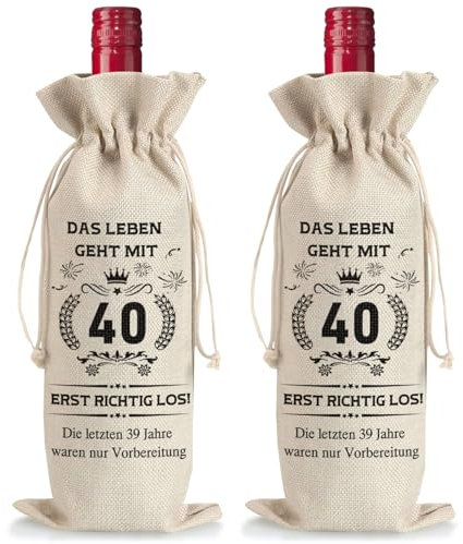 2 sacchetti per bottiglie di vino in iuta, regalo per 40° compleanno, uomo e donna, sacchetti per vino riutilizzabili, con coulisse, sacchetti regalo per vino