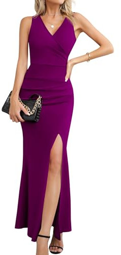 Laughido Elegant Cocktailkleid Maxikleid Festliche Partykleid Damen Sommerkleid Wickelkleid Bodycon Lang Hochzeit Abendkleider (Lila, klein)