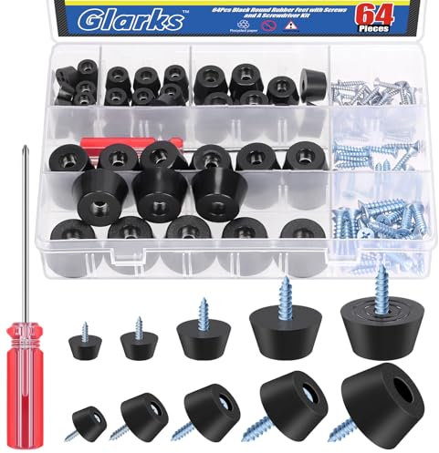 Glarks Set di 64 piedini in gomma neri per tagliere, include 64 piedini in gomma antiscivolo con 75 viti in acciaio inossidabile, 1 cacciavite a croce per mobili, elettronica, elettrodomestici da